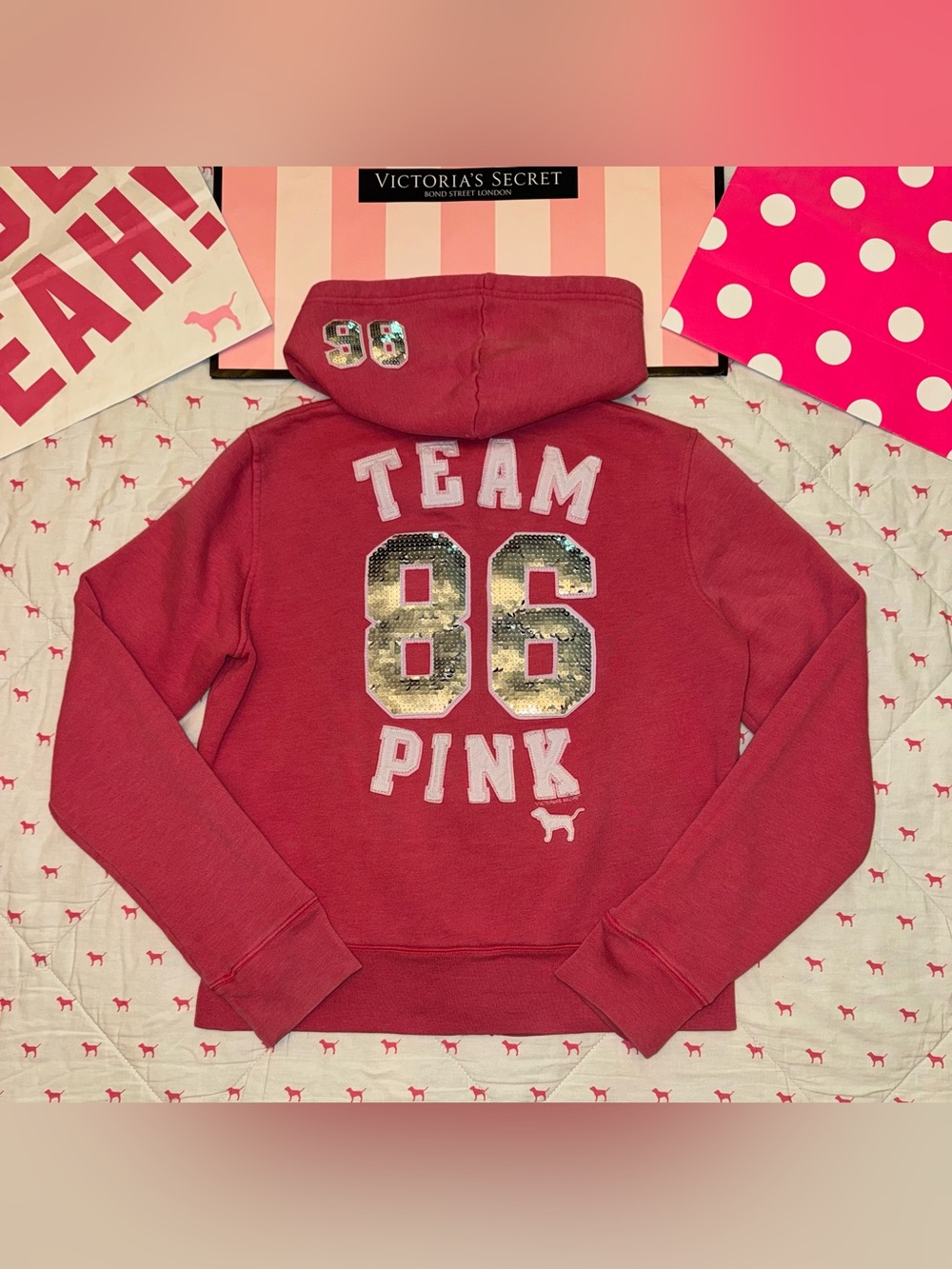 VS PINK VINTAGE Y2K 2006 ZIP HOODIE SWEATSHIRT “TEAM PINK” 86 BLING DOG RARE MD